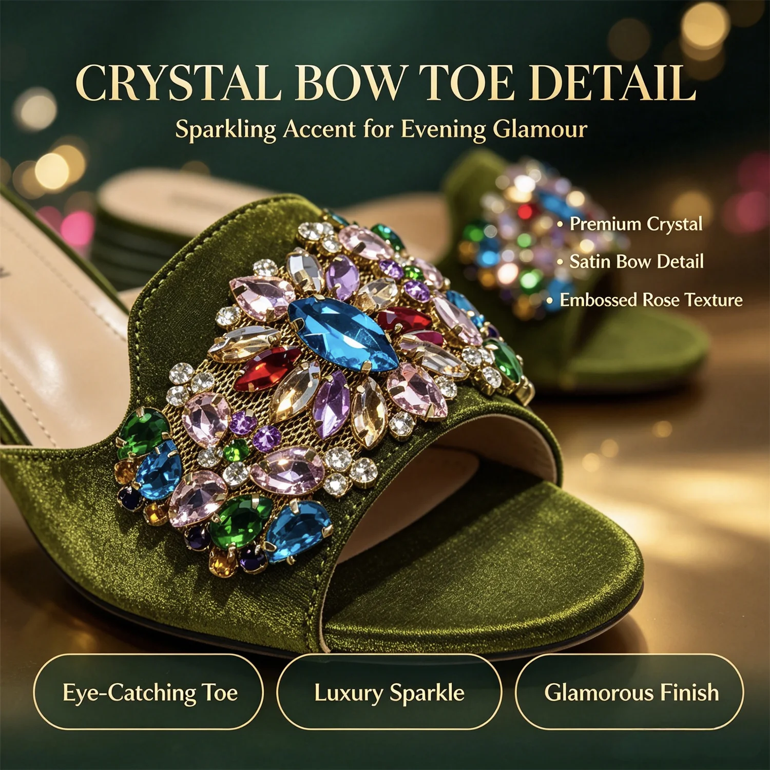 Olivgrüne Strass-Sandalen mit passender Tasche, Damen-Pantoletten mit Blockabsatz, bunte Kristall-Pantoletten, Clutch-Tasche für Hochzeiten – Detail 2
