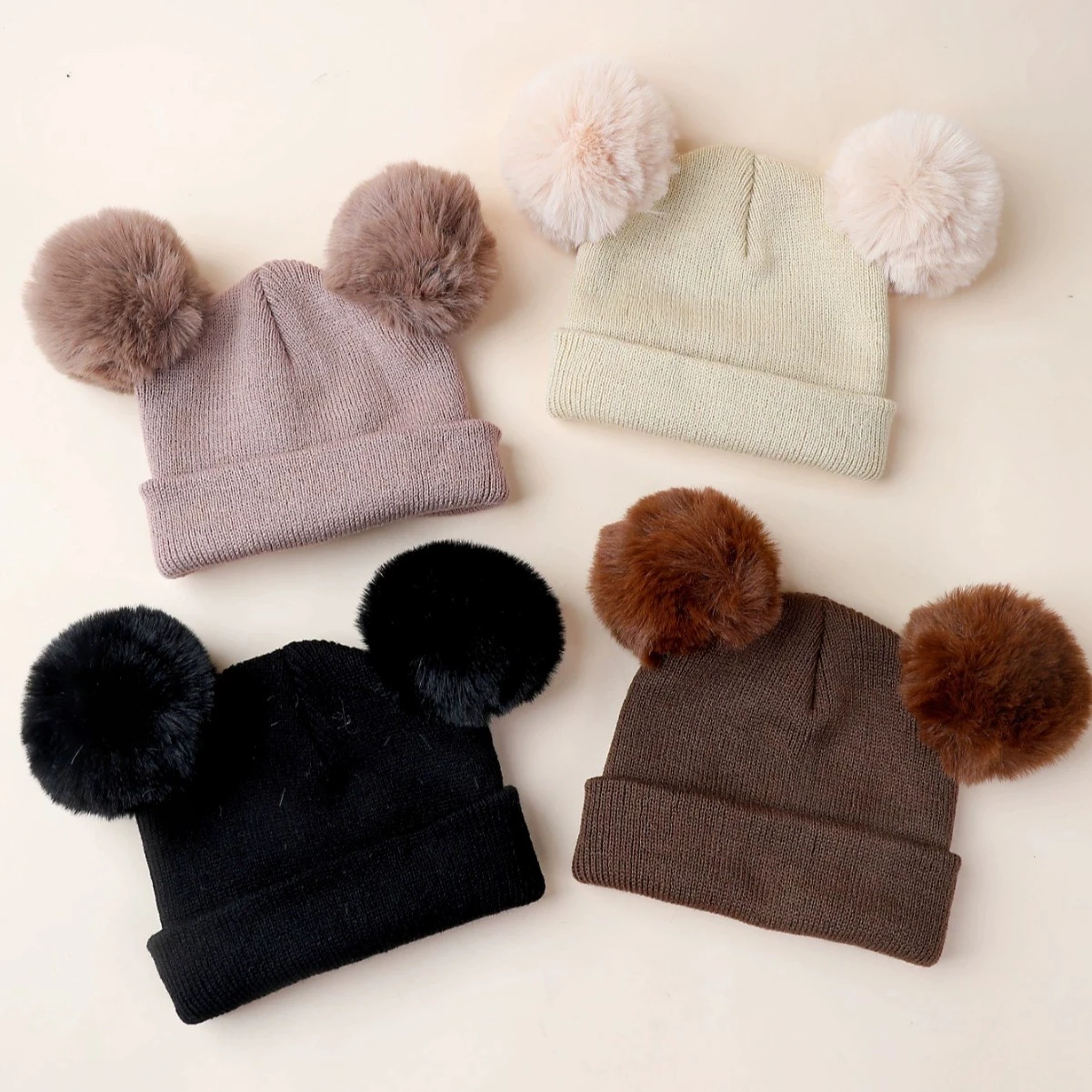 0-3T Fur Ball Winter Beanie Newborn Boys Girls Knitted Hat Bubble Ball Bonnet for Kids Ski Warmer Baby Gorros Fuzzy Woolen Hat