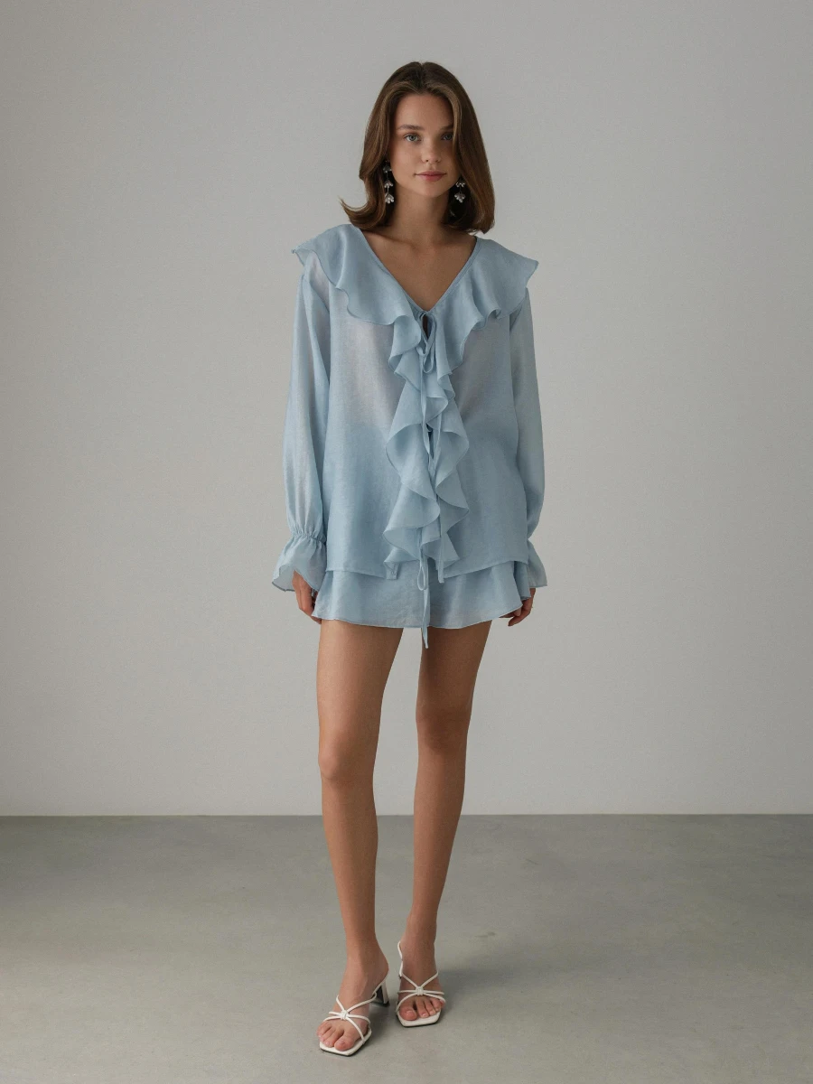 Blubelle Spring New Women's French V-neck Loose Ruffled Shirt Shorts Set Fashion Casual Long Sleeve Loose Shorts Two Piece Set
