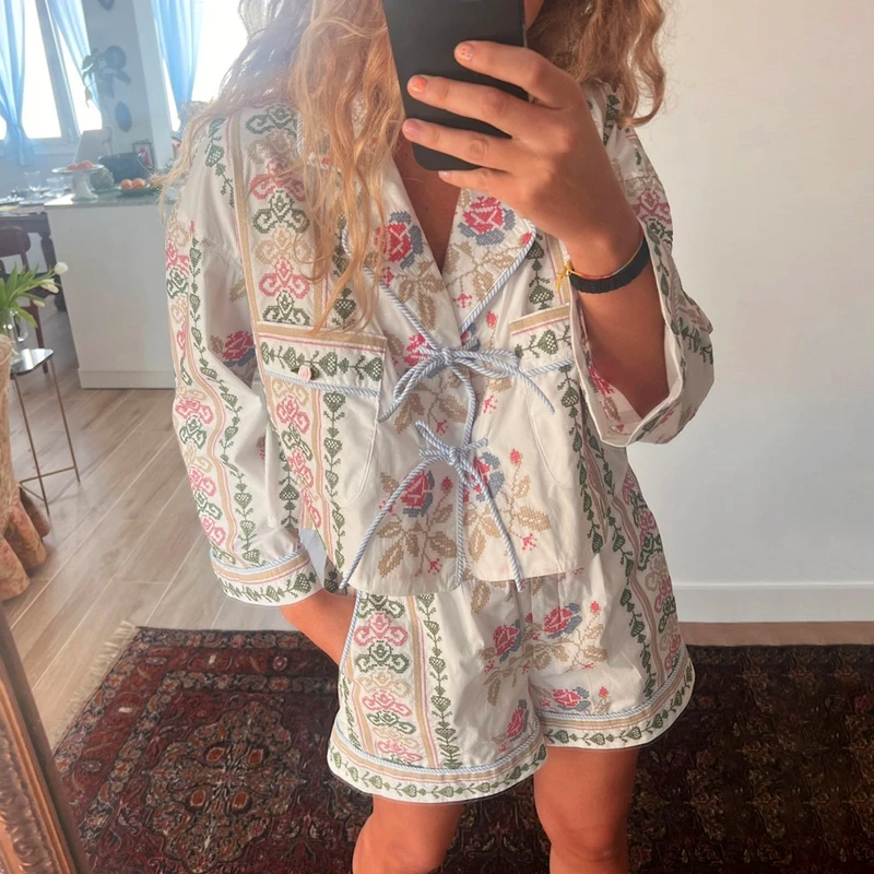 2 Piece Vintage Oufits Indie Graphic Print Front Tie Up Bowknot Full Sleeve Blouse T-shirt + Shorts Fairy Cottage Y2K Streetwear