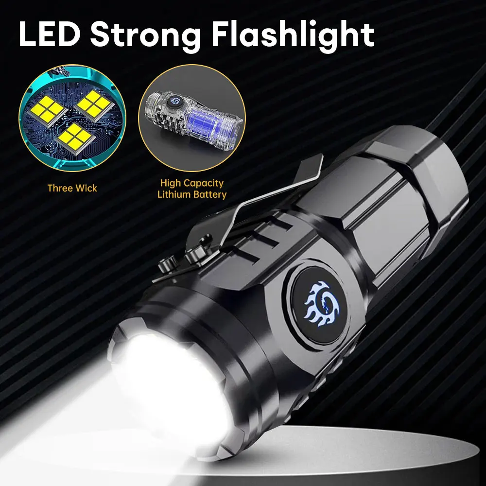 Super Bright LED Flashlight with Clip Rechargeable Work Light Mini Pocket Light Outdoor Waterproof Camping Lamp Emergency Light