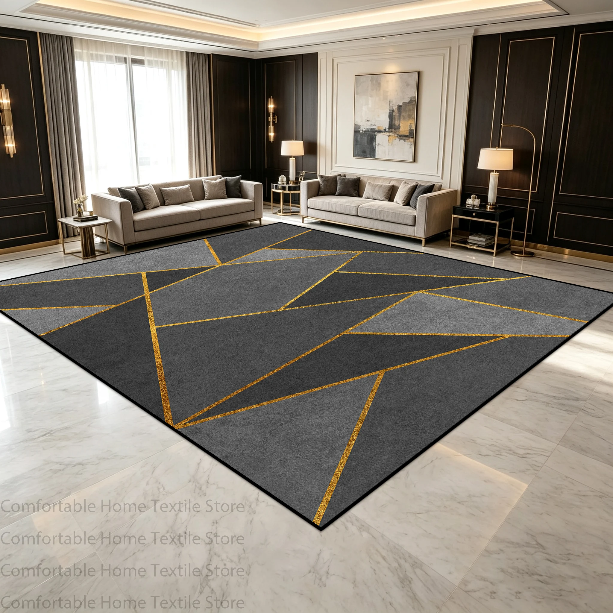 Luxury Modern Style Grey‑Gold Contrast Living Room Carpet Stain Resistant Easy Clean Home Rugs Decoration Office Antiskid Mat