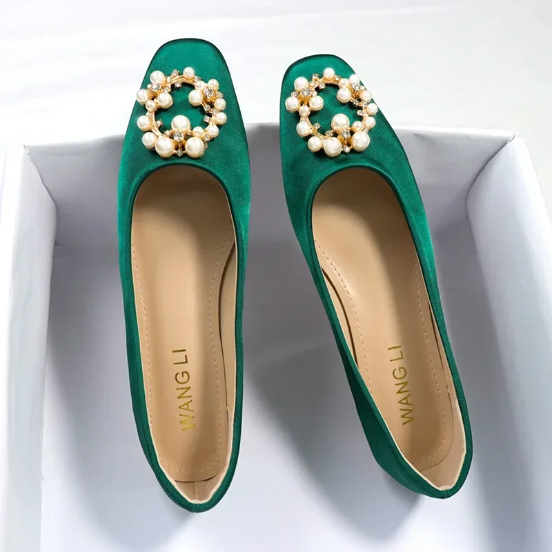 Pearl Circle Buckle Flat Shoes Woman Square Toe Green Silk Slip on Loafers 41-42 Big Size Flats Female Pearl Beading Mocasines