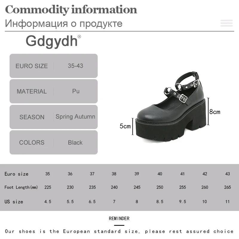 Gdgydh Block Heel Shoes Women Buckle Platform Black Gothic Cosplay Lolita Mary Janes Pumps Shoes Sweet Spring Summer Big Size