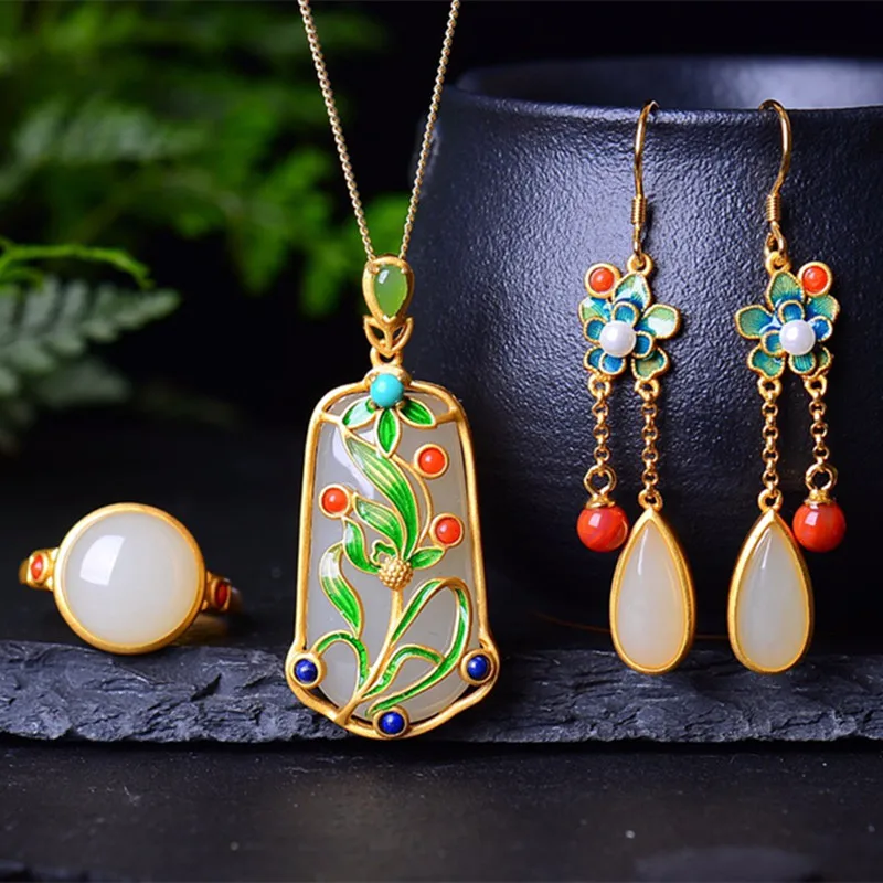 

Hetian Jade S925, серебряный, золотой кулон, подвесной орнамент, ожерелье, серьги, кольцо, комплект из трех предметов