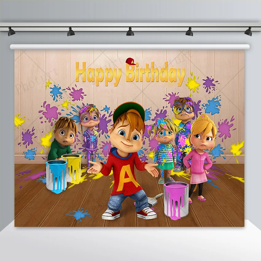 Disney Alvin and Chipmunks Simon Theodore Backdrop for Kids Birthday Photo Background Polyester Vinyl Decorate Studio Props