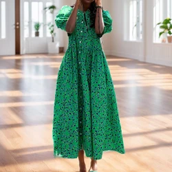 Summer Casual Vestidos Floral Print Dresses Ladies Short Sleeve Retro Long Dress Female 2023 M-4XL Loose Green Women Dress 15686