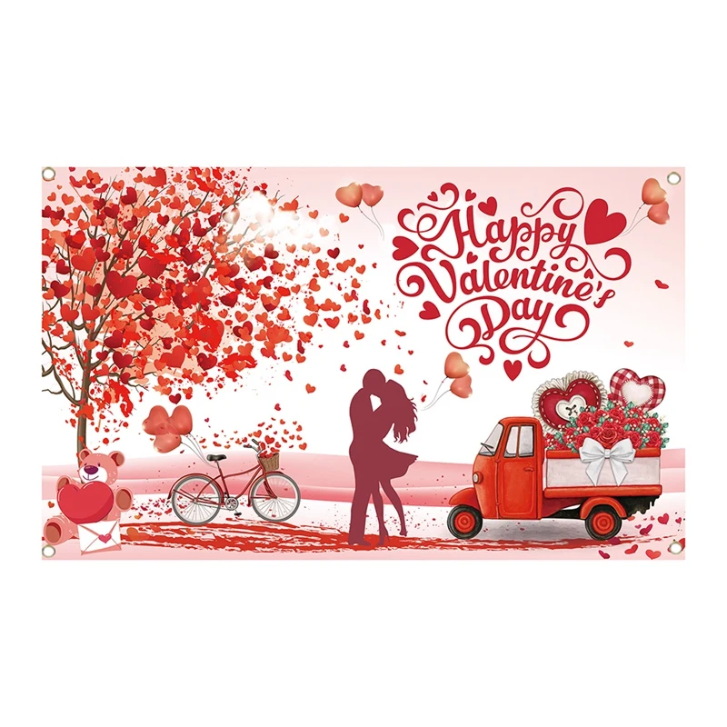 1 Piece Happy Valentine's Day Backdrop Banner Love Heart Party Decorations Background Red Polyester For Valentine's Day