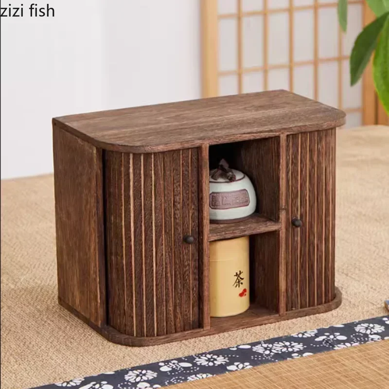 Solid Wood Storage Box Creative Display Rack Tea Cup Storage Rack Storages Cabinet Home Dustproof Rolling Shutter Door Shelf
