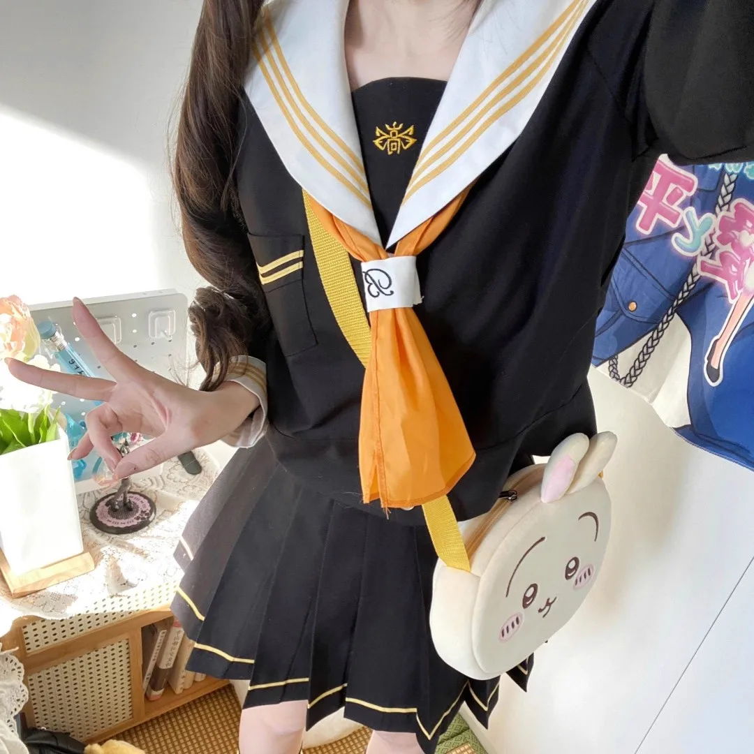 New Japanese School Jk Uniform Girl Sailor Suit Sexy Spring and Autumn Orange Tie White Seifuku Uniform Women Long Sleeve Set