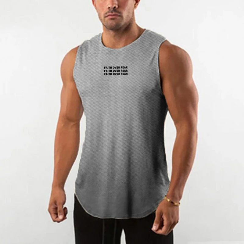 Summer Fashion Casual Round Neck Men's Gym Sports Breathable Printed Mesh Large Size Sleeveless Outerwear