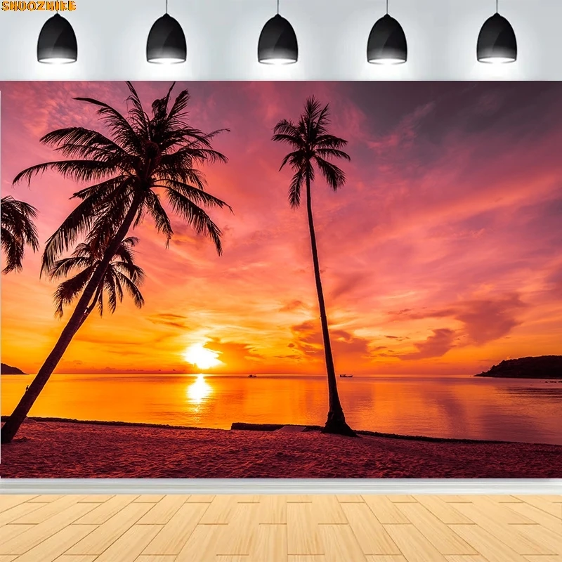 

Beautiful Paradise Island Coconut Palm Tree Sunrise Sunset Backdrops Maldives Tropical Beach Sea Blue Sky Summer Background AB05