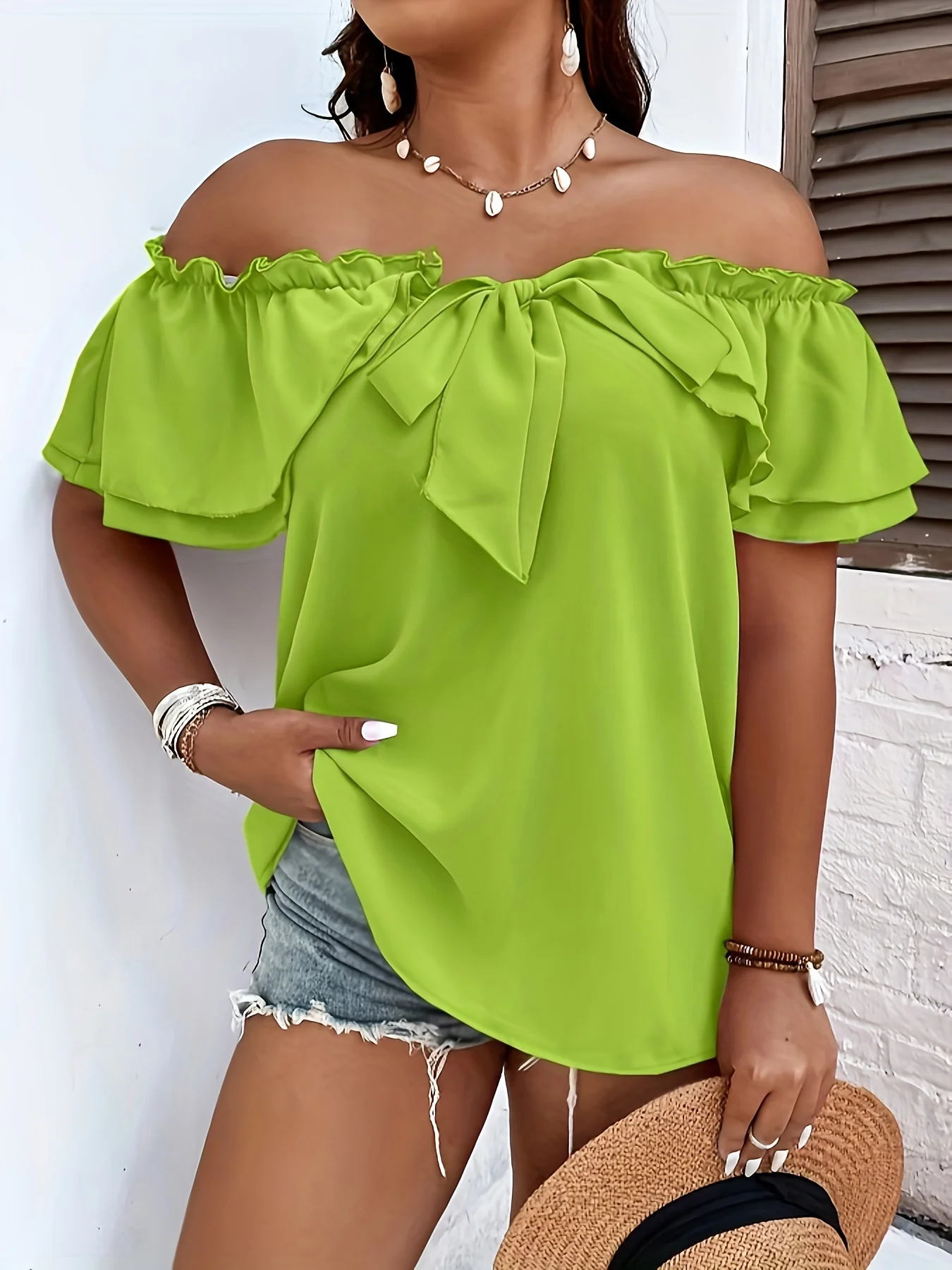 Plus Size Summer Vacation Shirt for Women Casual Solid Curve Clothing Cute Bownot Shoulderless Tops