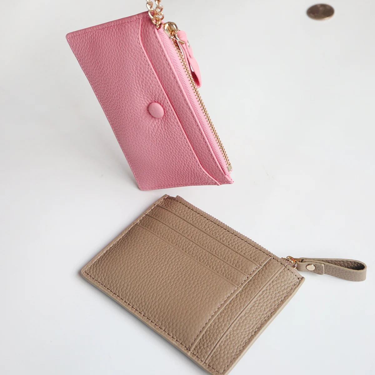 Genuine Leather Zip Card Holder Wallet Fashion Women Short Wallet With Keychain Cowhide Small Card Case Coin Purse