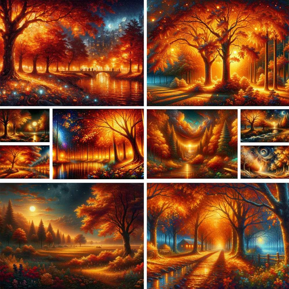 Landscape Autumn Night Printed Canvas 11CT Cross Stitch Full Kit Embroidery Knitting Painting Craft Handmade Needle Floss Magic