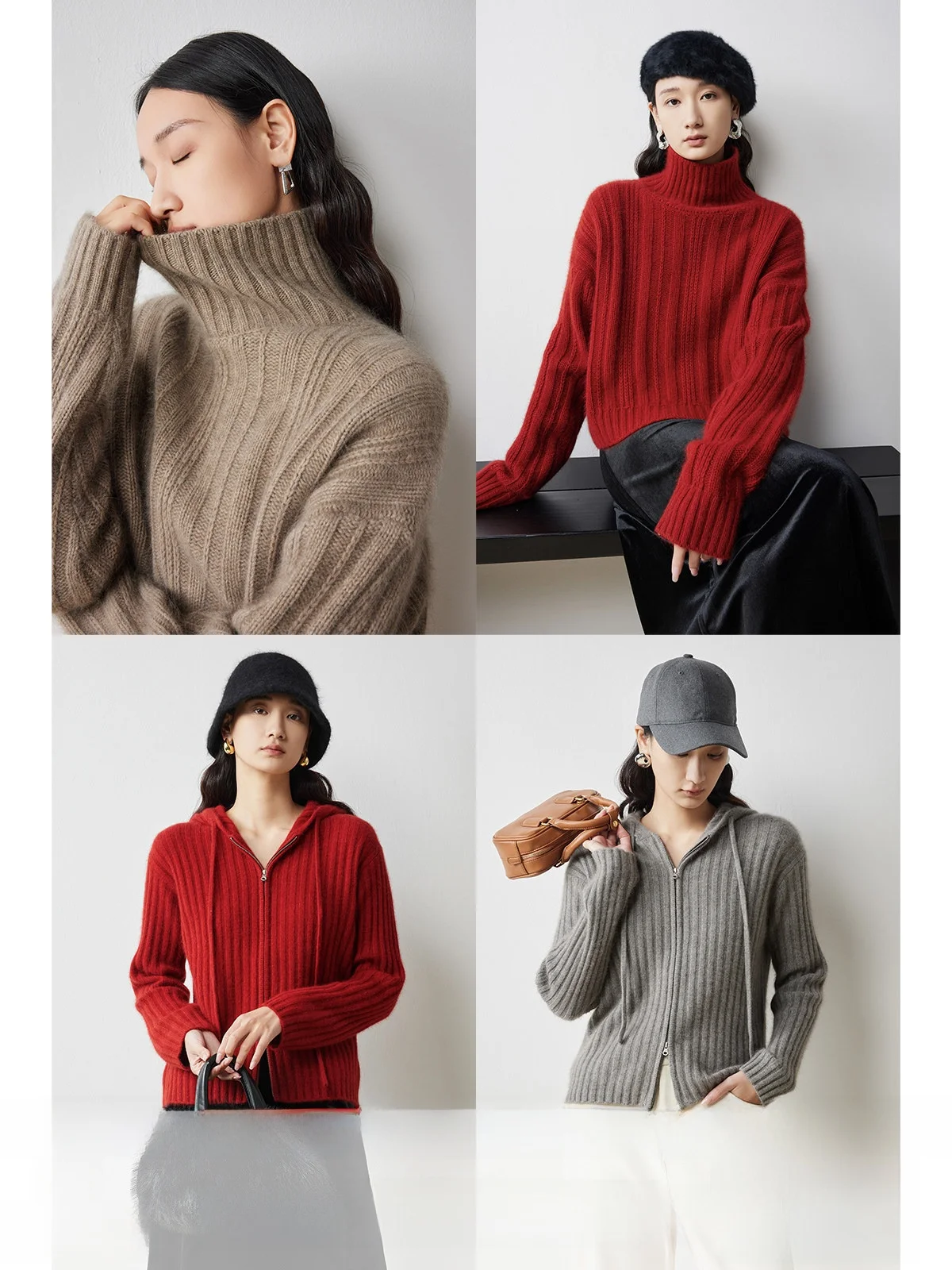 

XUS Prune Winter High Ne Knitted Sweater 2025 New Hat Dstring Double Zipper Cardigan Women's Commute Sle Wool Blend