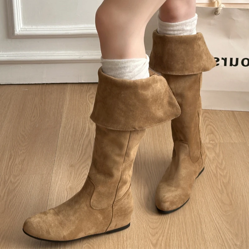 Flats Women's High Boots Suede Fashion Dress Shoes 2025 Designer Knee High Winter Boots Casual Cozy New Mujer De Chelsea Botas