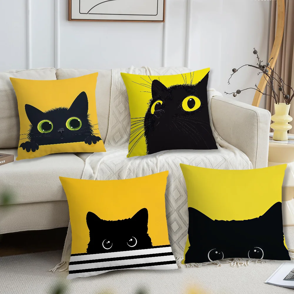 Black Cat Yellow Double-sided Printed pillow cover Short plush Suitable living rooms bedrooms sofas throw cushion cover