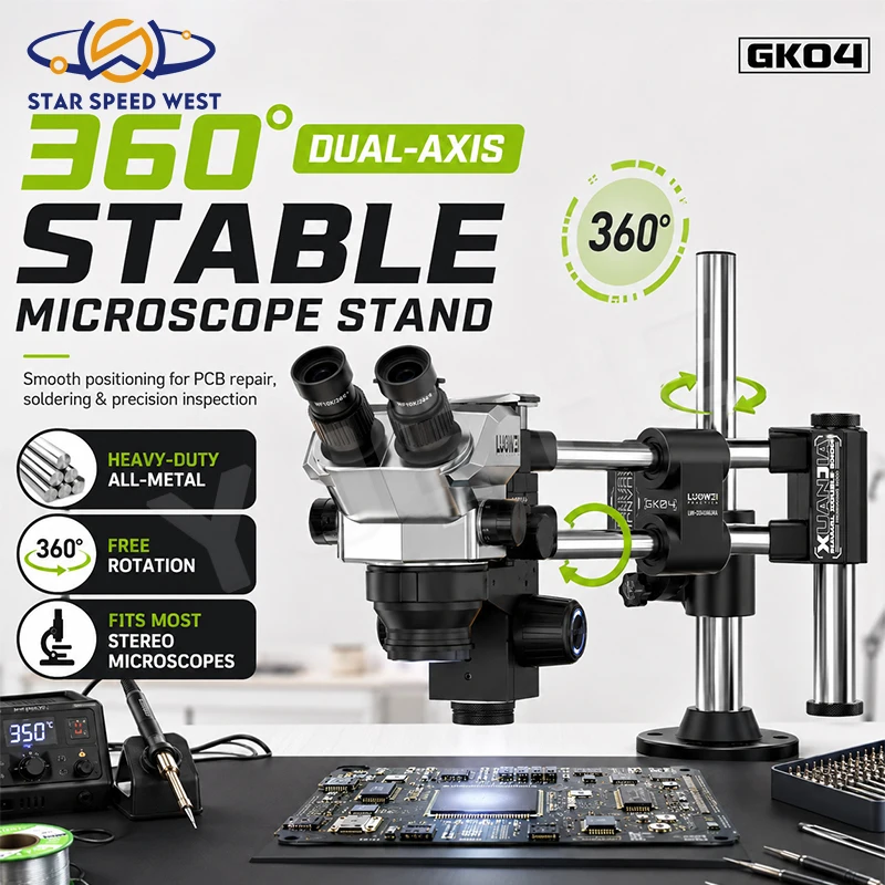 LUOWEI LW-GK04 Dual Axis Double Boom Microscope Stand Heavy Duty 20kg Load 360 Rotation Aluminum Alloy Stable