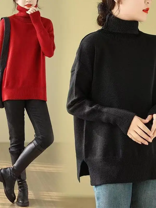 

Autumn Winter High Ne Knitwear Women's Loose Fit Base Layer Top Versatile Lazy Sle Personali Building irt