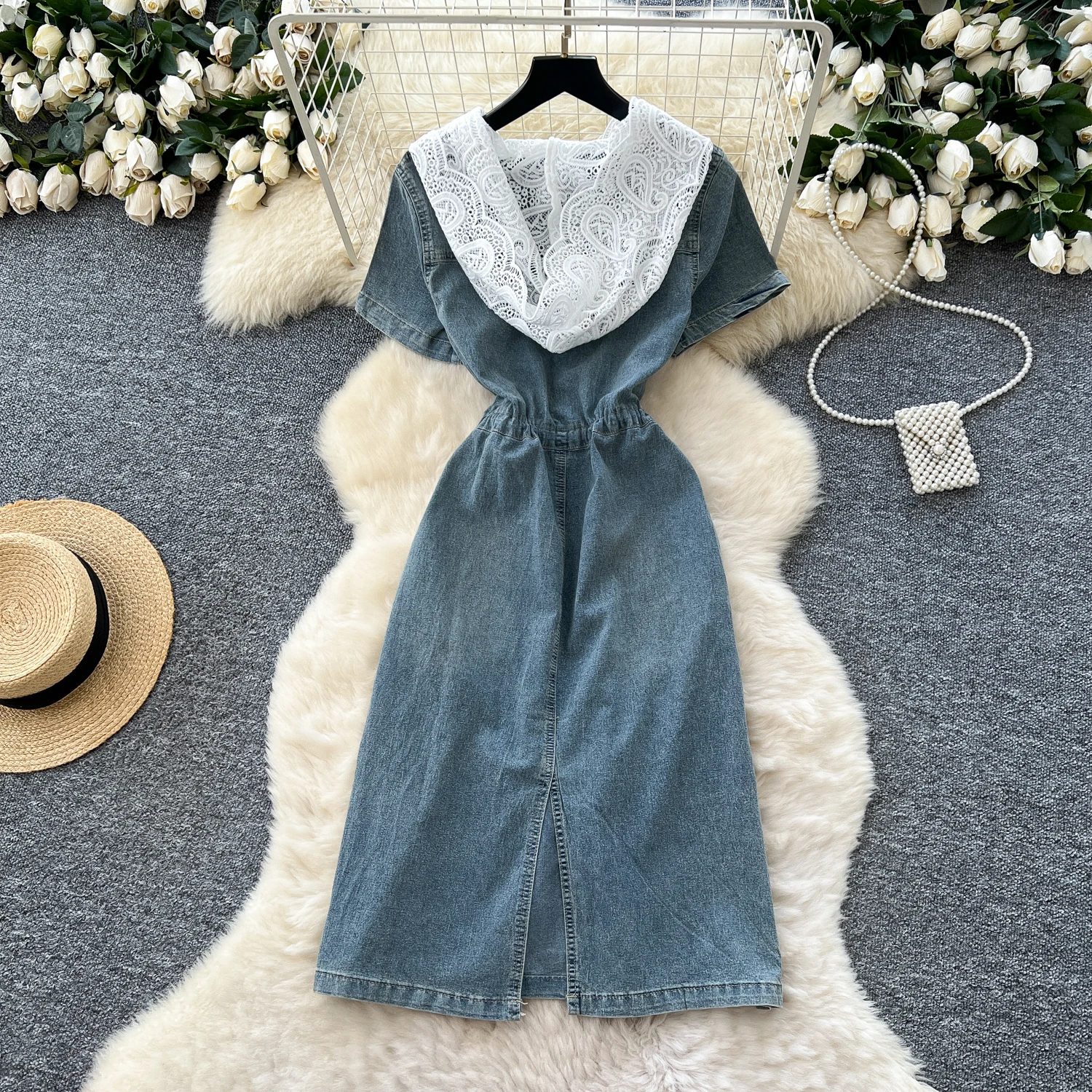 세련된 빈티지 짧은 소매 주머니 주름 느슨한 우아한 요정 한국 패션 Boho Sundress 여성 의류 롱 드레스