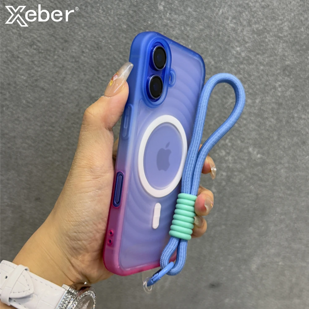 Luxury With Lanyard Water Ripple For Magsafe Phone Case For iPhone 14 12 13 15 16 Pro Max Gradient Matte Translucent Back Cover