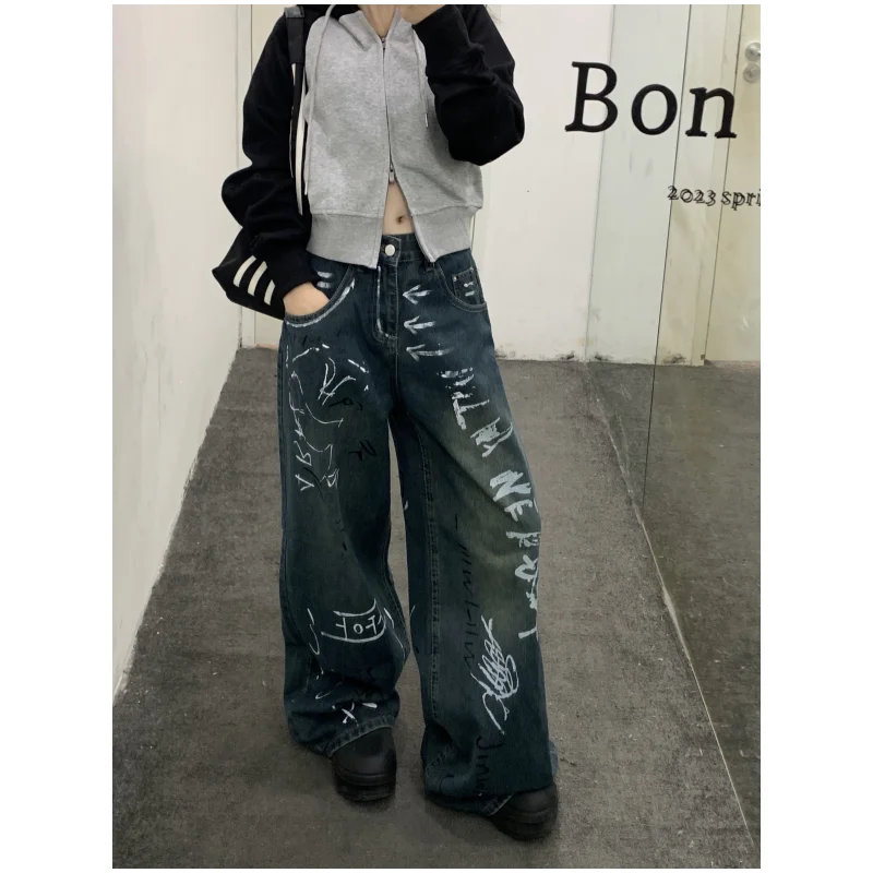 

Blue Women's Jeans High Waist Graffiti Straight Fashion Pants Streetwear Harajuku Y2K Vintage Female Wide Leg Denim Trouser