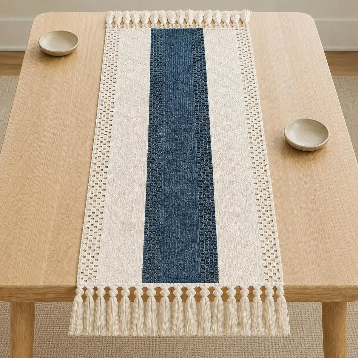 Navy Blue Cream Woven Table Runner, 30 x 120 cm Knotted Fringe, Openwork Edge, Farmhouse Dining Table Decor, Parties, One Piece