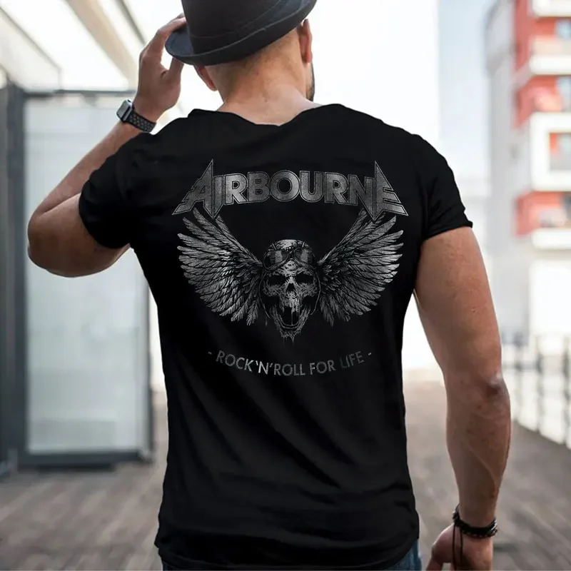 Rock N Roll for Life Airbourne Skull High Quality Cotton T Shirt Custom Men'S Women Clothes Streetwear Top BIRTHDAY GIFT Tee