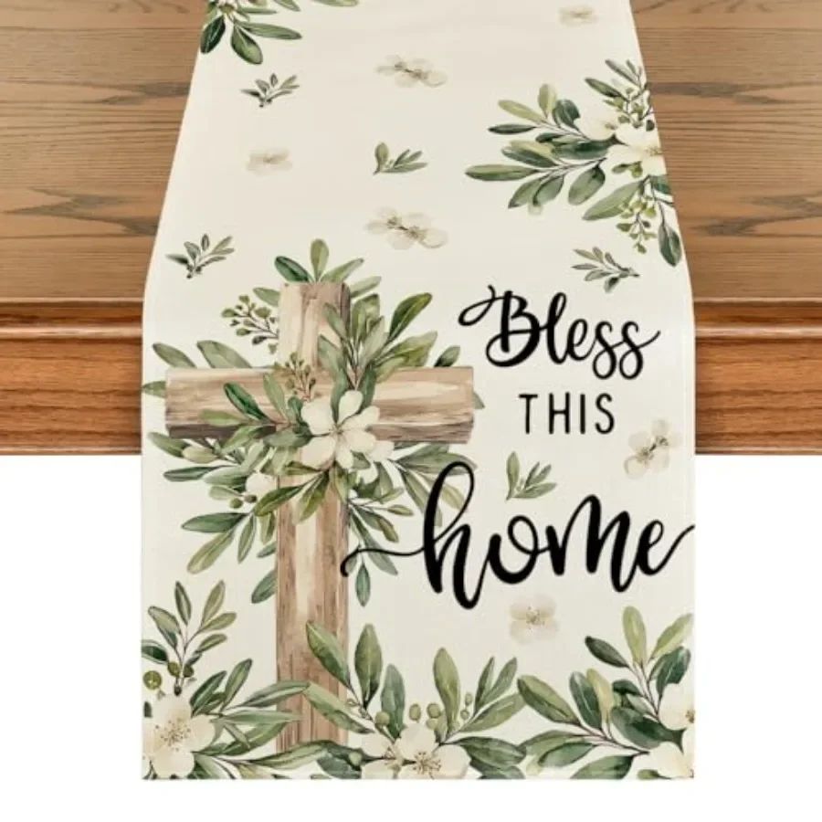 Cross Olive Leaves Spring Table Runner, Seasonal Summer Easter Kitchen Dining Table Decoration for Home Party Decor 13x72 Inch