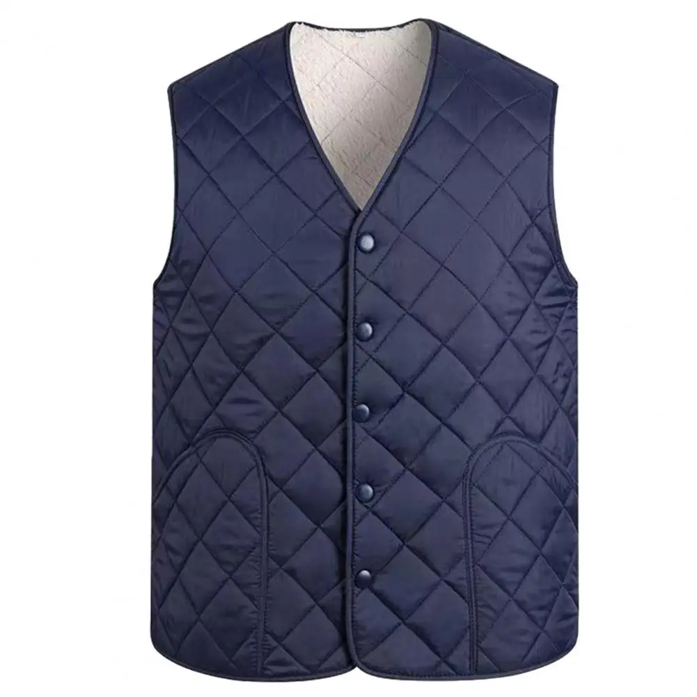Chaleco de algodón para hombre, chaleco de algodón acolchado con cuello en V y forro grueso de felpa, diseño de un solo pecho, cálido para el frío