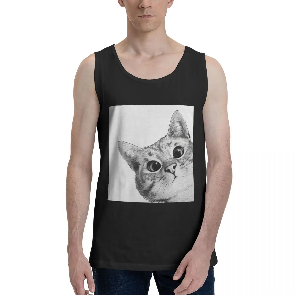 Sneaky Cat 100% Cotton Men's Sweatshirt Vest Sleeveless Clothing Tees Men Tank Tops T-shirt