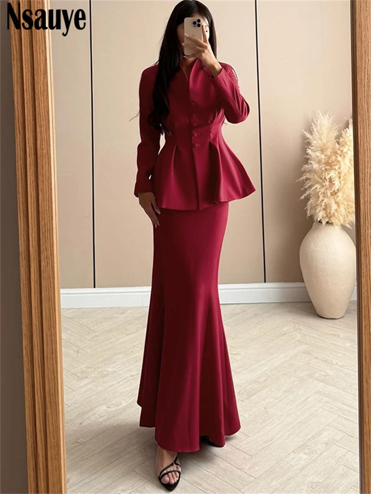 

Nsauye Women Elegant Skinny Long Sleeve A-Line Cardigan Tops High Waisted Maxi Bodycon Sexy Party Club Skirt Two Piece Set 2025