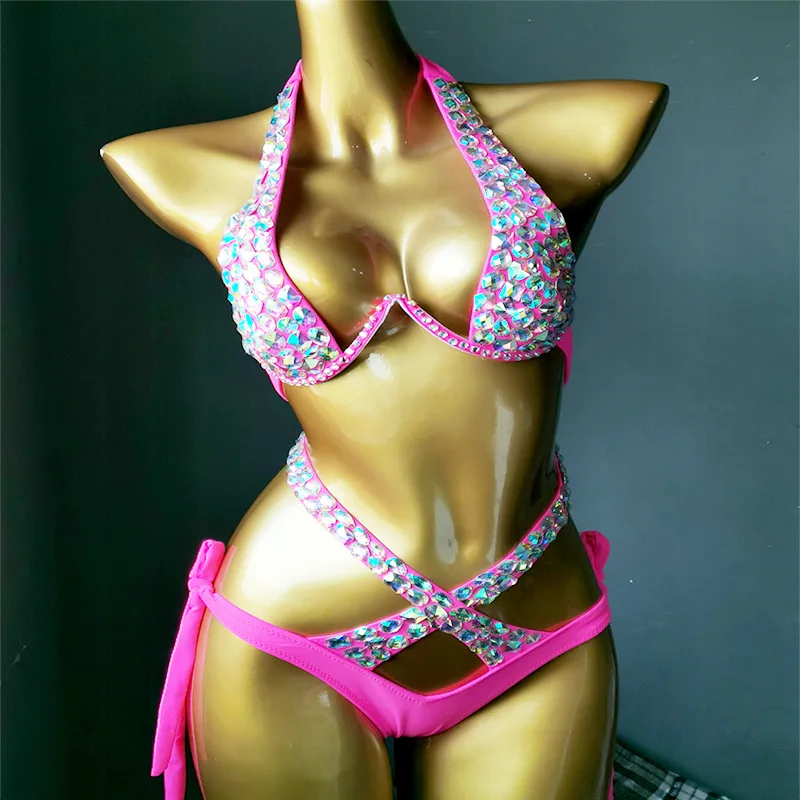 Neon Color Bikini Set Women Diamante Carnival Bra rhinestone Sexy Night Club Panties Rave Festival Bikini Set Burning Man Outfit