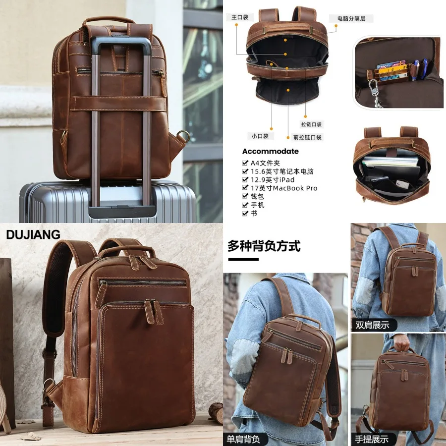 

【New style】- retro leather high-end backpack crazy horse leather 15.6-inch computer bag large-capacity travel backpack