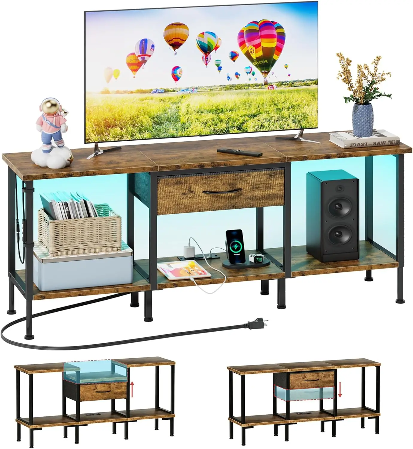 

Промышленная тумба под телевизор в стиле рустик, коричневая, для экранов 65, 60, 55 дюймов, развлекательный центр с розеткой и тканевыми ящиками