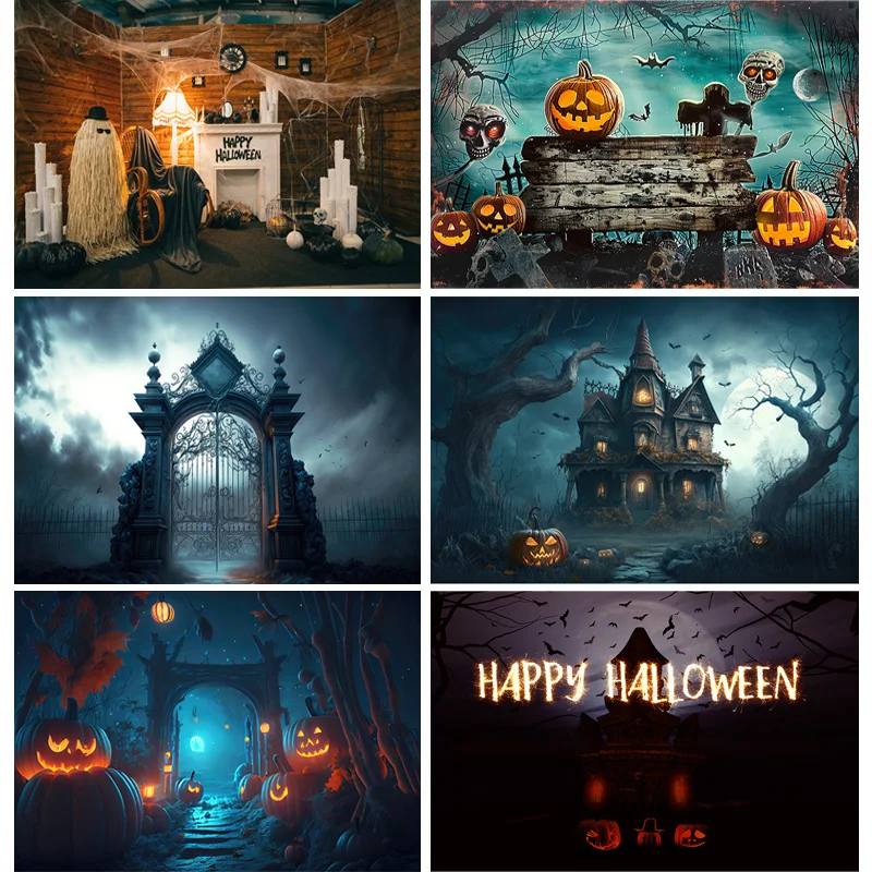 Halloween Backdrop Full Moon Scary House Night Castle Graveyard Forest Bats Pumpkin Lantern Spooky Photography Background  SJ-7