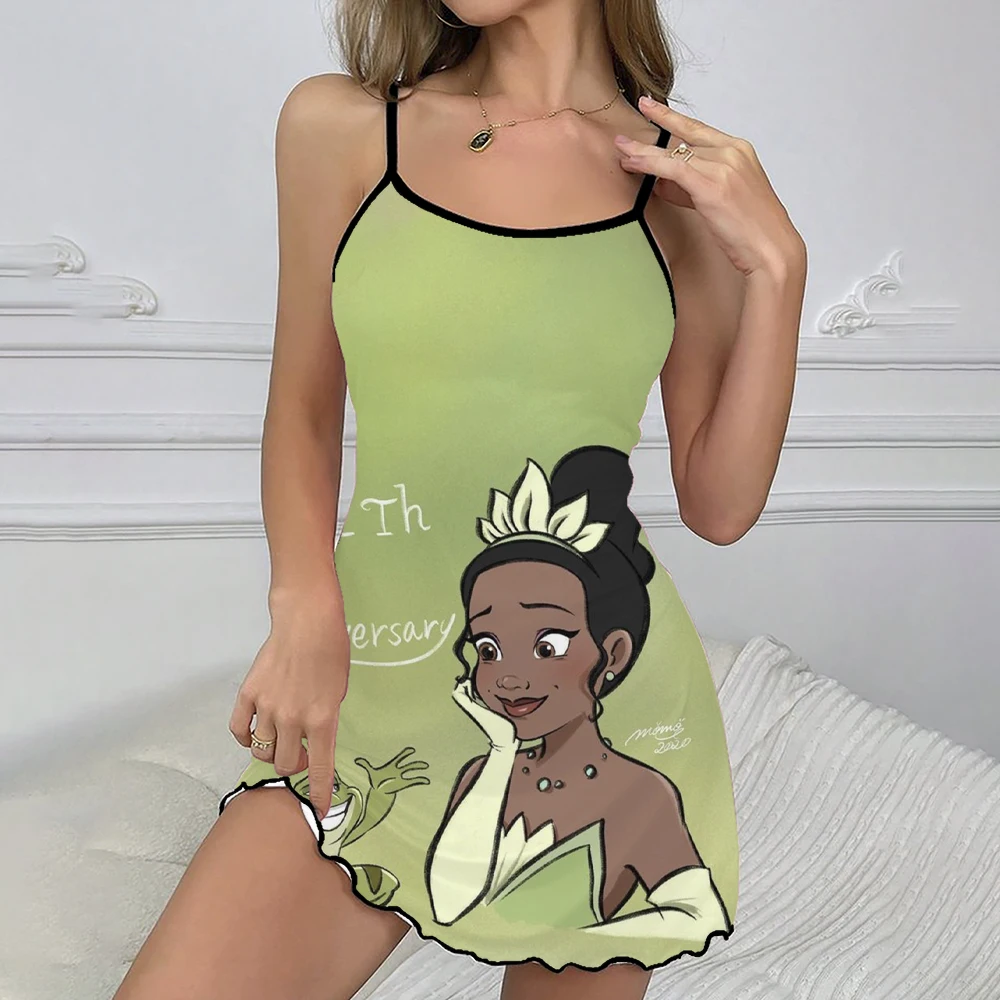 Disney Princess Tiana Printed Sling Round Neck Light Luxury Fashion Casual Sling Home Dress New Summer Women's Dress