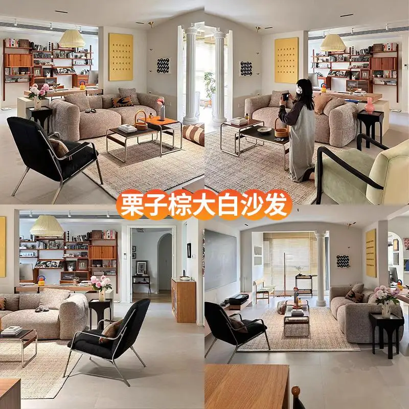 Big white sofa French retro brown cream wind villa big flat straight row chenille fabric sofa