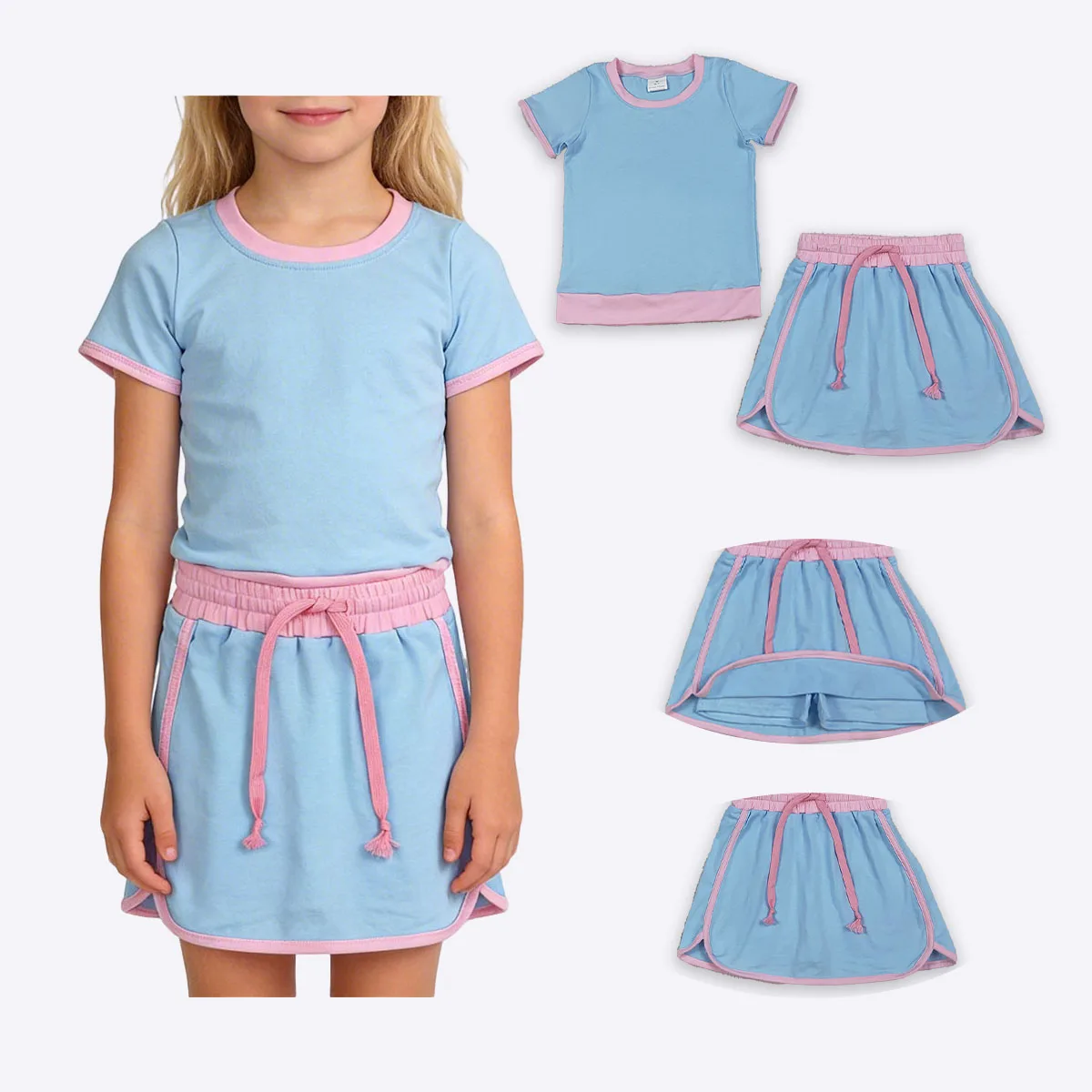 

Cute Baby Girls Blue Short Sleeve Top Skirt Shorts Line Cotton Clothes Sets Children Clothing Infant Toddler Outfits Wholesale