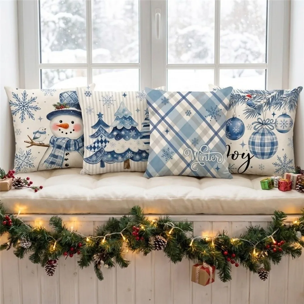Cute 2D Flat Printing Christmas Pillow Covers Plaid Flower Xmas Tree Pillowslip Ball Soft Santa Pillow Cover Car