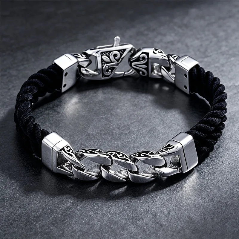 Geometric Men's Stainless Steel Totem Retro Bracelet, Double-layer Nylon Rope Woven Bracelet