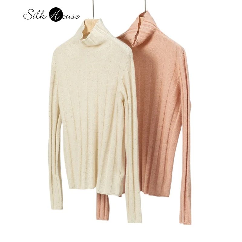 

High Neck 100% Cashmere Sweater Autumn and Winter New Gold Pit Striped Pullover Loose and Warm Women's Knitted Base Sweater
