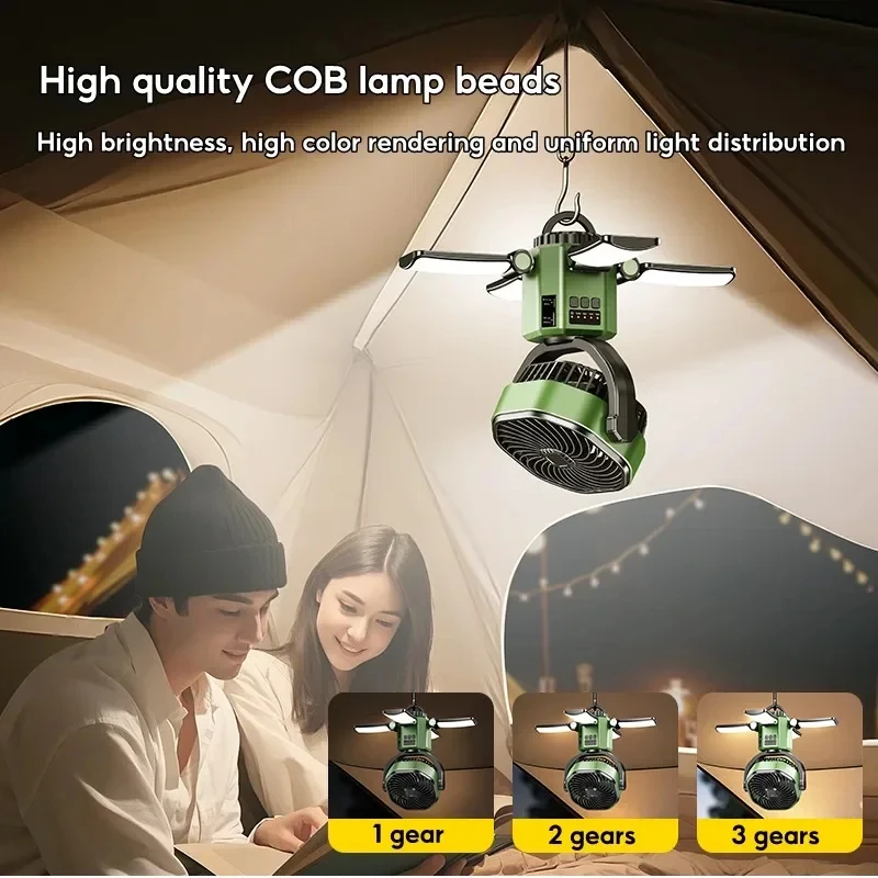 New Solar Rechargeable Camping Fan Auto Oscillating Portable Hanging Fan with LED Light Long Endurance Outdoor Fan