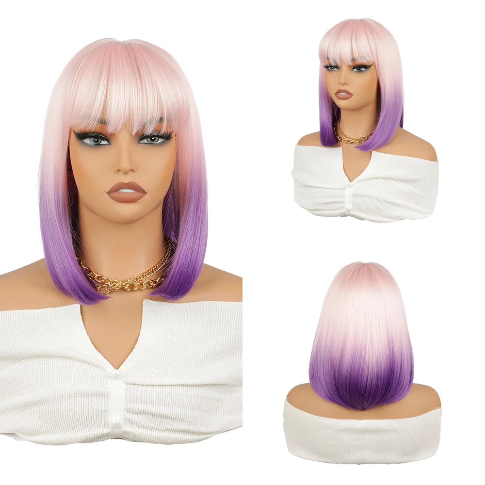 The Pink And Purple Ombre Bob Synthetic Short Straight Hair Is A Natural Heat-Resistant Wig Suitable For Women'S Daily Parties