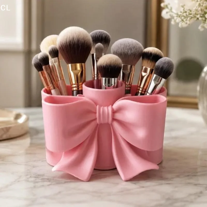 AttireTroveCute Pink Bow Makeup Brush Holder Large Capacity Multi Slots Perfect For Vanity Desk Bathroom Storage