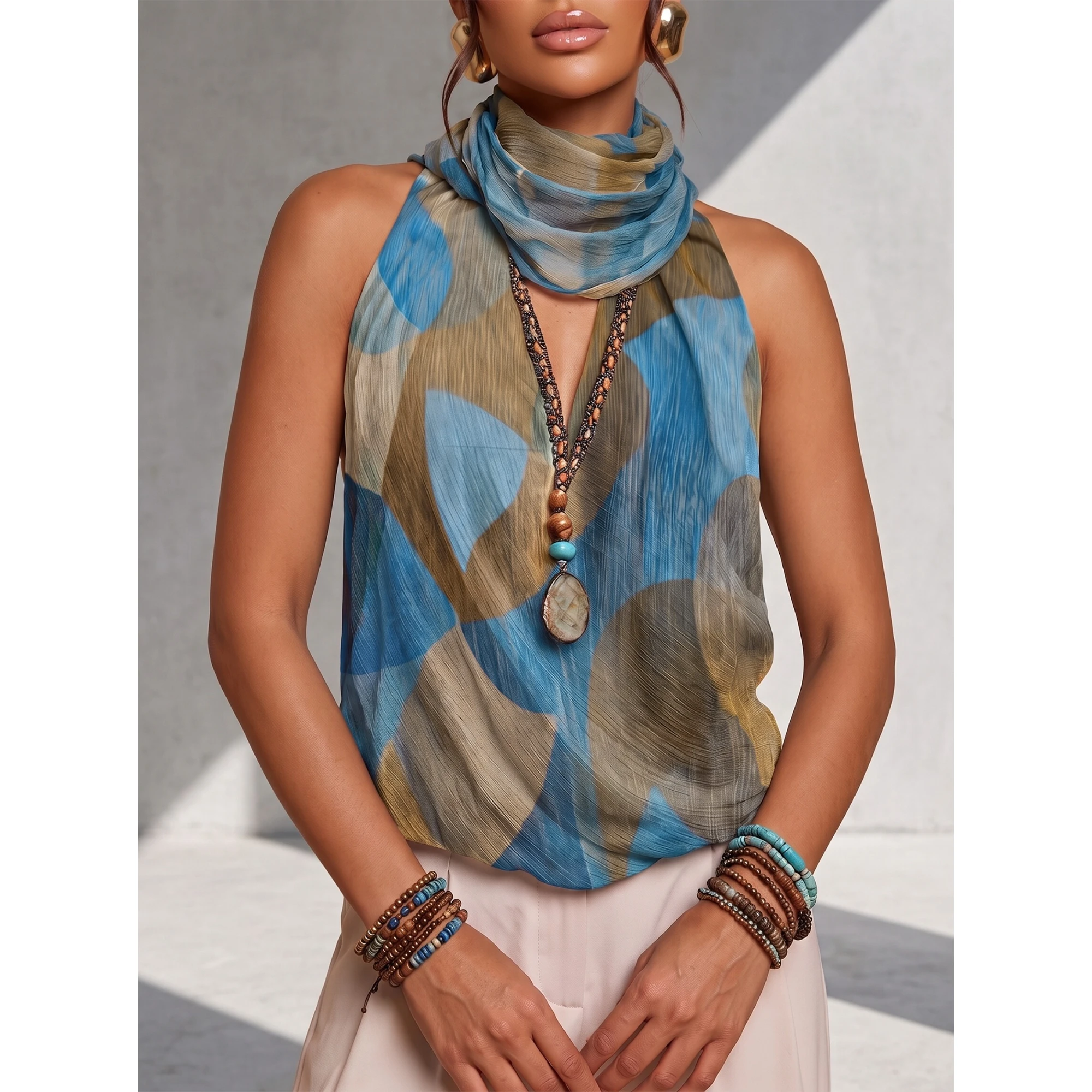 Women Abstract Print Halter Top Sleeveless High Neck Keyhole Cutout Blouse Summer Vacation Casual Tank Top For Ladies Party Beac
