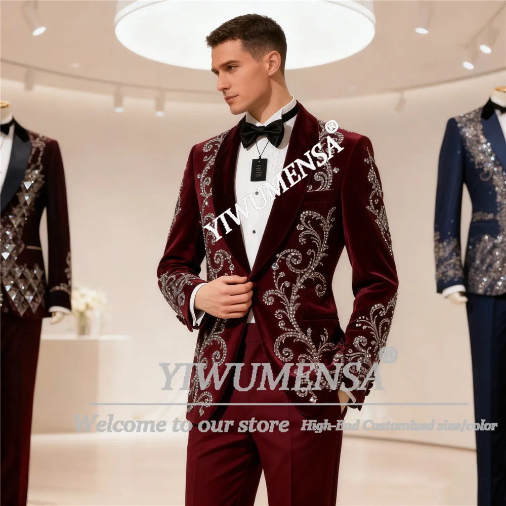 

Sparkly Crystals Beaded Wedding Suits For Man Single Breasted Prom Blazers Customized 2 Pieces Sets Men's Tuxedos Ropa Hombre