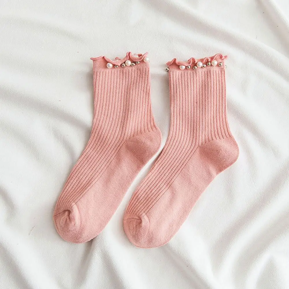 Warm Harajuku Lace Cotton Pearl Kawaii College Style Hosiery Girls Fungus Socks Korean Style Socks Middle Tube Hosiery