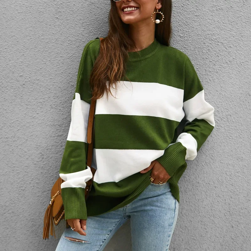 

Winter Women Green Stripped Sweater Casual Knitted Green and Blue Striped Sweaters Female Patchwork Pullovers Clothing Spring